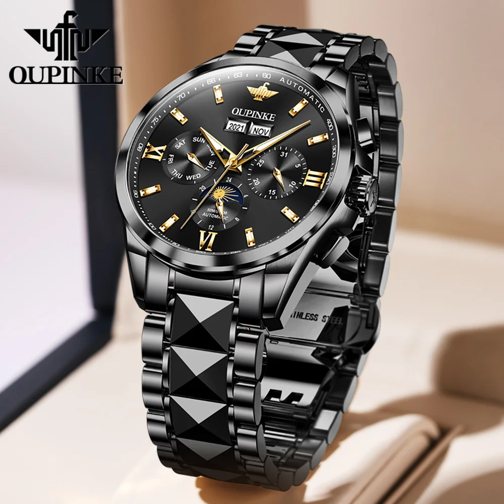 OUPINKE 3201 Moon Phase Mechanical Watch for Men Luxury Top Brand Sapphire Mirror Waterproof Elegant Men's Automatic Wristwatch 2