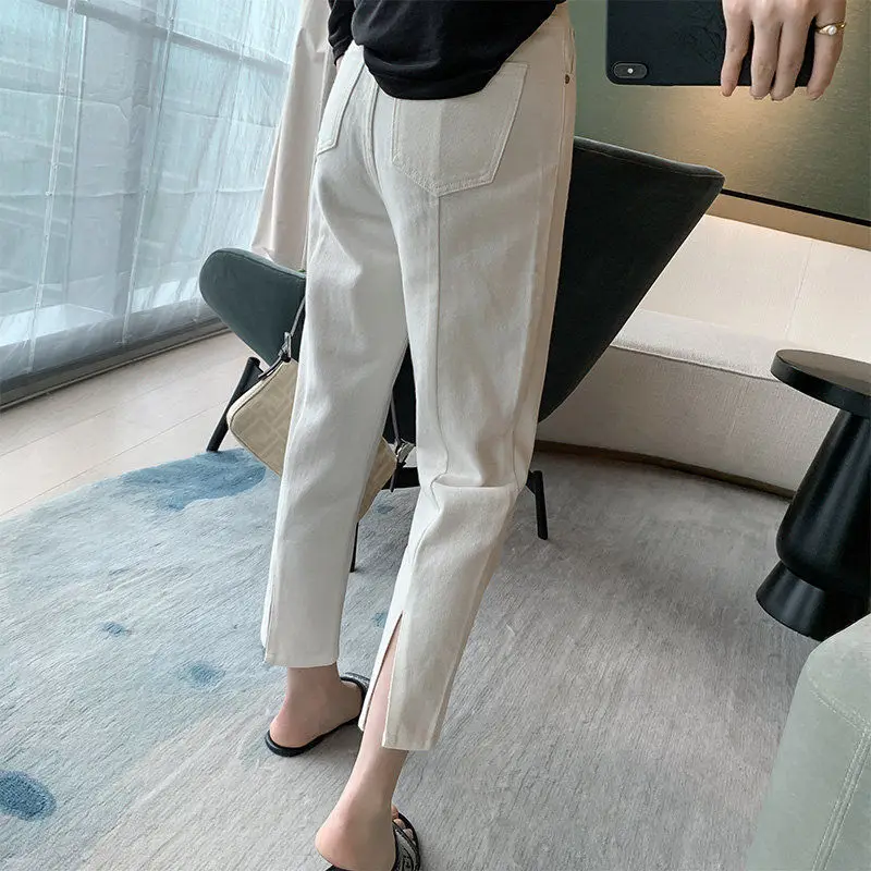 White Split Denim Straight Pants 2022 New Summer High Waist Loose And
