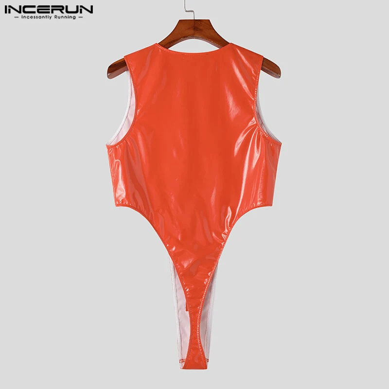 INCERUN 2023 Sexy Homewear New Men's Bodysuits Fashion Male Mirror Leather High Fork Zipper Sleeveless Triangle Jumpsuits S-5XL
