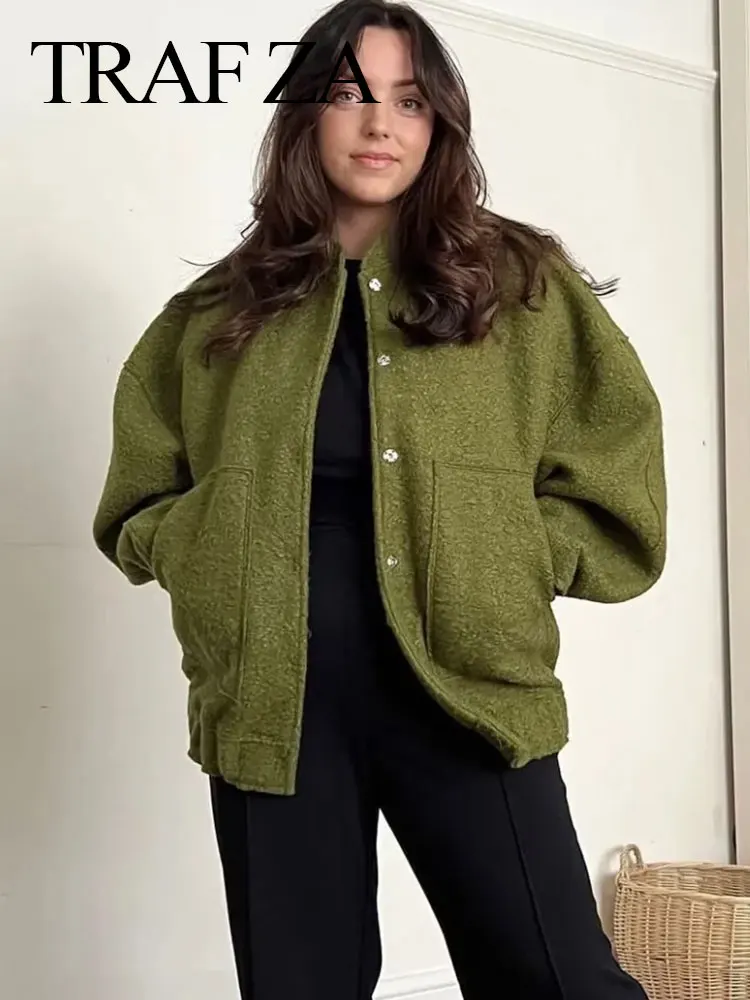 TRAFZA Women Elegant Solid Coat Button Long Sleeve Pocket Bomber Jacket Autumn Winter Female Casual Loose Streetwear Coats 2
