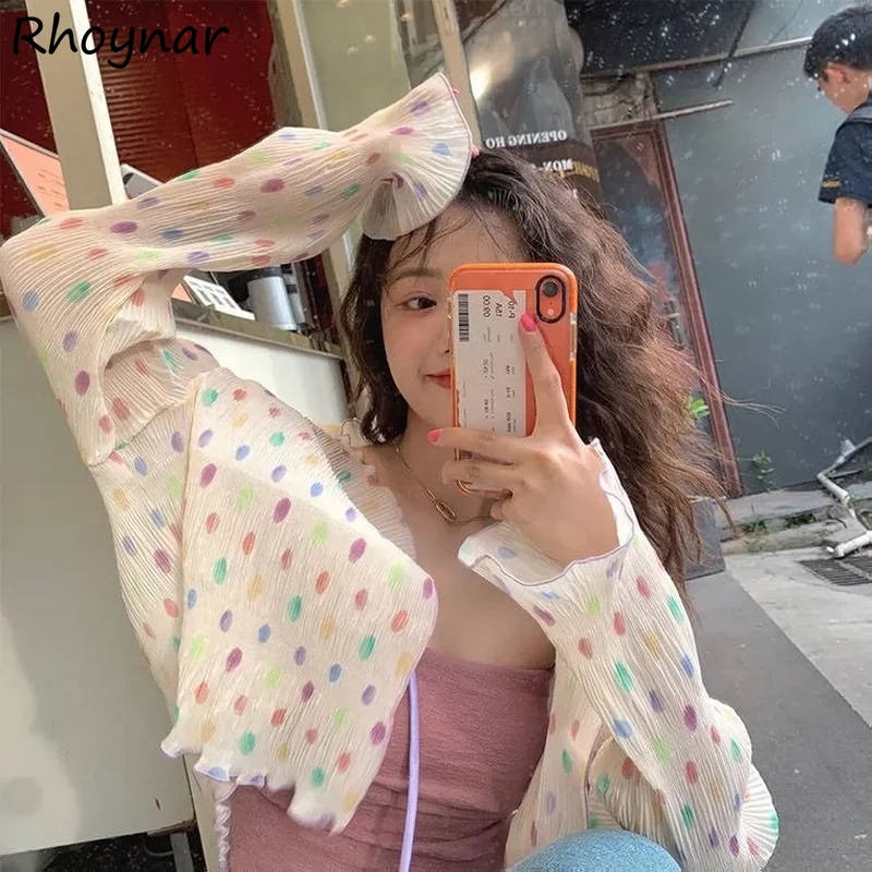

Blouses Women Summer Thin Dot Loose V-neck Bandage Kawaii Retro Holiday Casual Cozy Sweet Korean Style Ins College Young Chic
