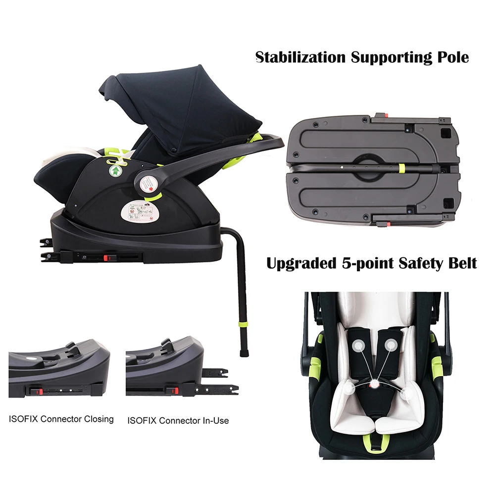 Baby Car Seat, Adjustable Extension Panel for Extra Legroom, Carrier Basket With Isofix Connector Base