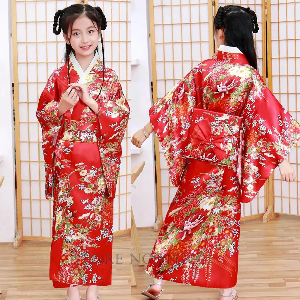 Japan Kimono Traditional Yukata Kids Girls Novelty National Dress Satin Luxury Oriental Bath Robe with Obi Performance Costume
