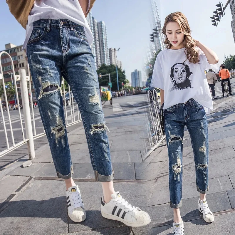 

Spring Summer High Waist Jeans Female Korean Bf Style Loose Nine Points Personality Patch Ripped jeans Straight Pants Streetwear