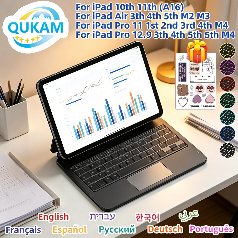 무선 백라이트 키보드 케이스 (트랙패드 포함) 아이패드 11세대 A16, 10세대, 에어 4, 5, 6, 프로 11, 13, M4 12.9 마그네틱 스탠드 폴리오 커버