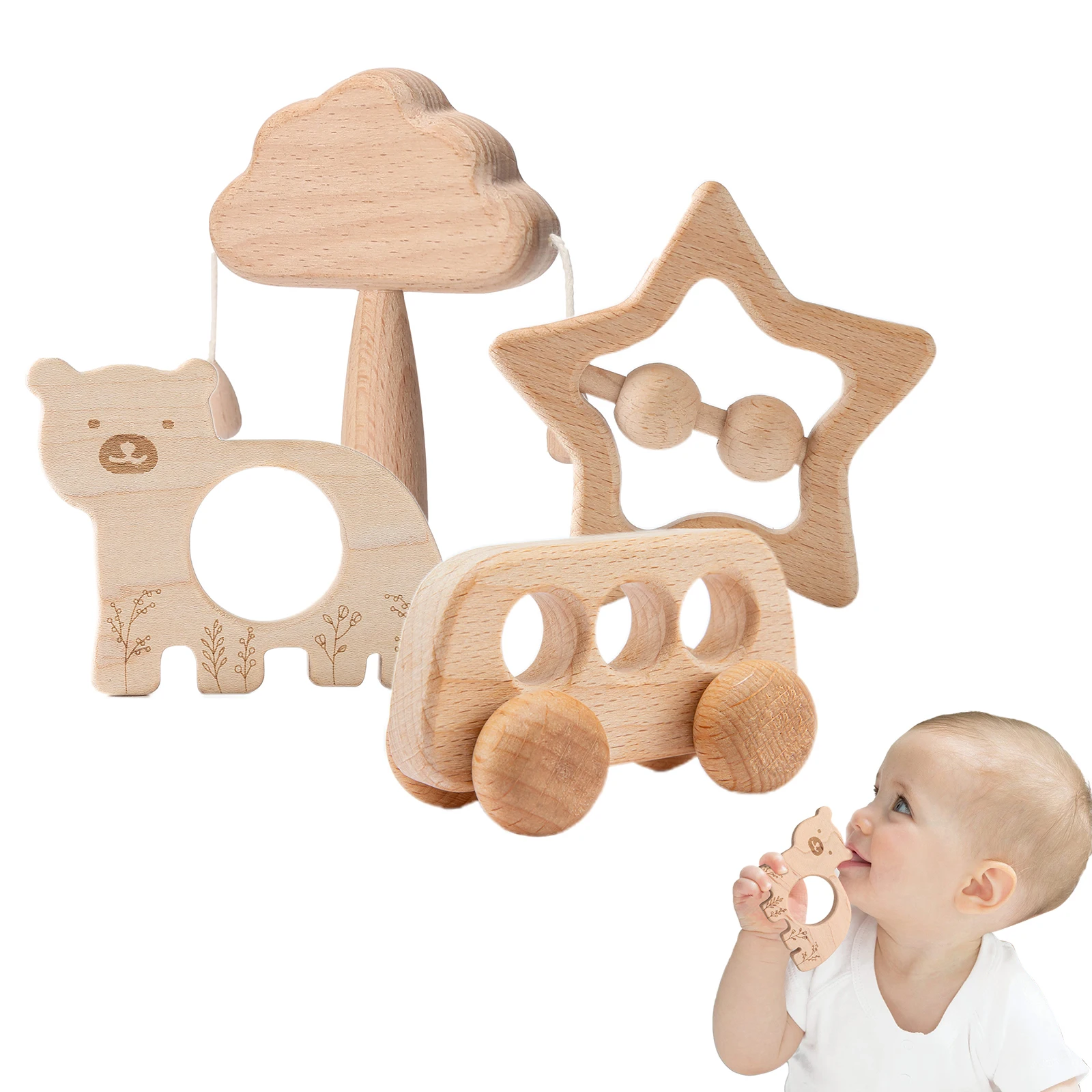 

4pcs/set Wooden Ring Baby Rattles Wooden Rattle Beech Bear Hand Teething Play Gym Montessori Stroller Toy Educational Toys