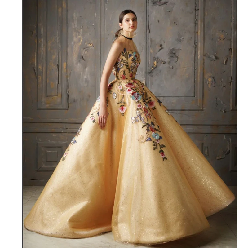 

Женское блестящее вечернее платье, элегантное бальное платье цвета шампанского без рукавов, с высоким воротом и цветочным узором, с аппликацией, 2024