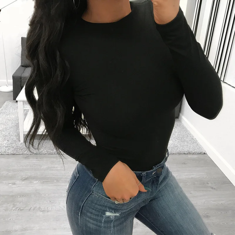 hotSlim Ladies Sexy Bodysuit Solid Fashion Skinny Bodycon Women Bodysuit Long Sleeveles O-Neck Casual Black Beige Female Bodysui