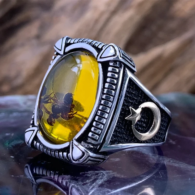 New Vintage Geometric Square Natural Agate Stone Rings Mens Vintage Intarsiato Giallo Zircone Ant Rings Fashion Ladies Wedding Rings