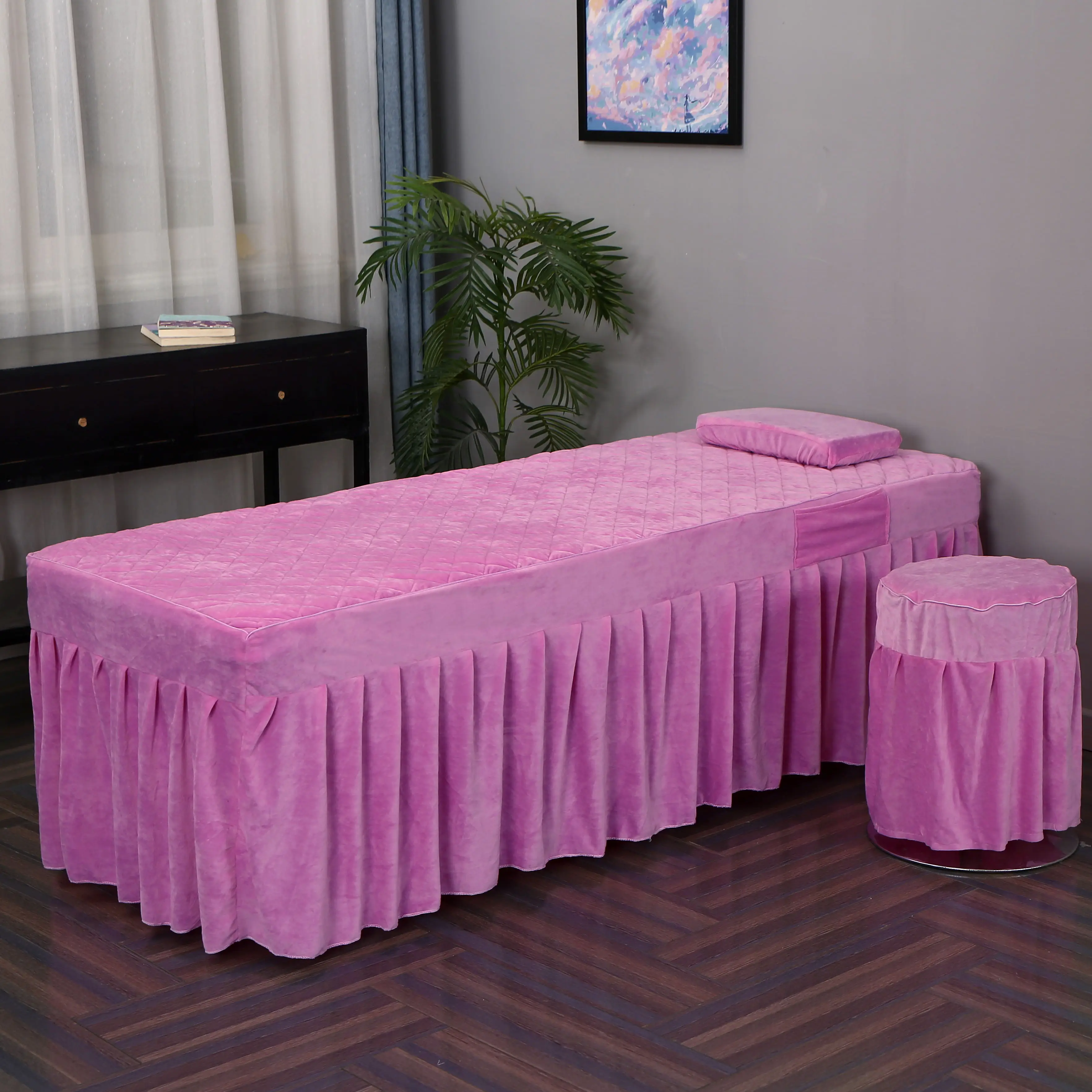 Crystal Velvet Beauty Salon 2pcs Set Bed Skirt+ Pillowcase SPA Skin-Friendly Massage Table Bed Cover Sheet Bedskirt with Hole
