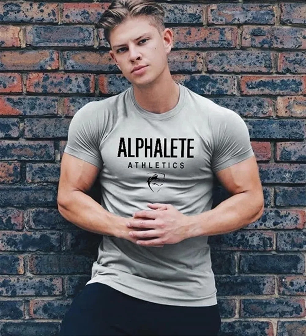 ALPHALETE Men Muscle Tshirt Bodybuilding Fashion Cotton Shirts for Men  Workout Casual Daily Wear Streetwear