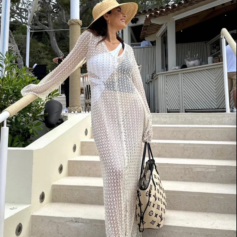 Summer Hollow Out V-Neck Cover up Maxi Dress - Women's Beach Holiday See-Through Sexy High Waist Long Dress