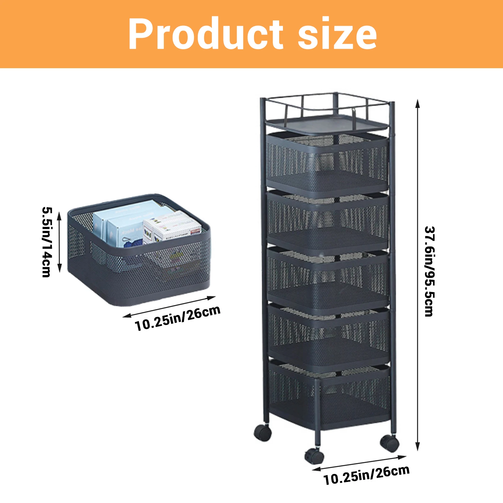 Carbon Steel 360° Rotatable Trolley Storage Rack Iron Storage Rack Kitchen Vegetable Rack Living Room Snack Storage Rack 5Layers