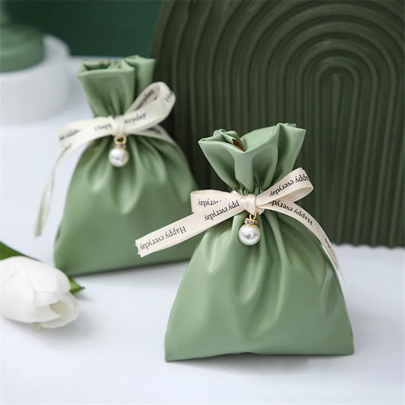 

20/30/50pcs Morandi Green Leather Dragee Bags Wedding Invite Gifts Chocolate Candy Box For Baptism Newborn Birthday Decoration