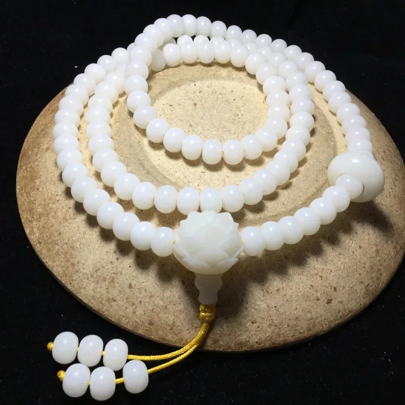 

White jade Bodhi root hand string 108 Buddha beads bracelet necklace Bodhi root lotus three links Bodhi root running ring