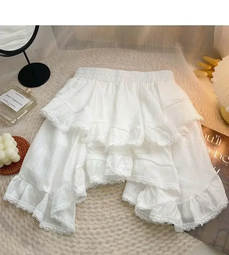 Lace High Waist Irregular Cake Skirts for Women A-line Sweet Girls All-match Korean Fashion Spring Summer Black White