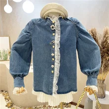 

Ladies Denim Blouses Long Sleeve Ruffled Collar Shirt 2022 Spring New Korean Style Lace Stitching Chic Top Loose Outwears Top