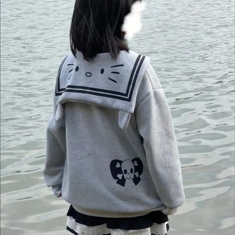 헬로 키티 네이비 칼라 지퍼 재킷, 산리오 소녀 애니메이션 카와이 가디건, 면 후디, 가을 코트, 일본 루즈 캐주얼, 귀여운