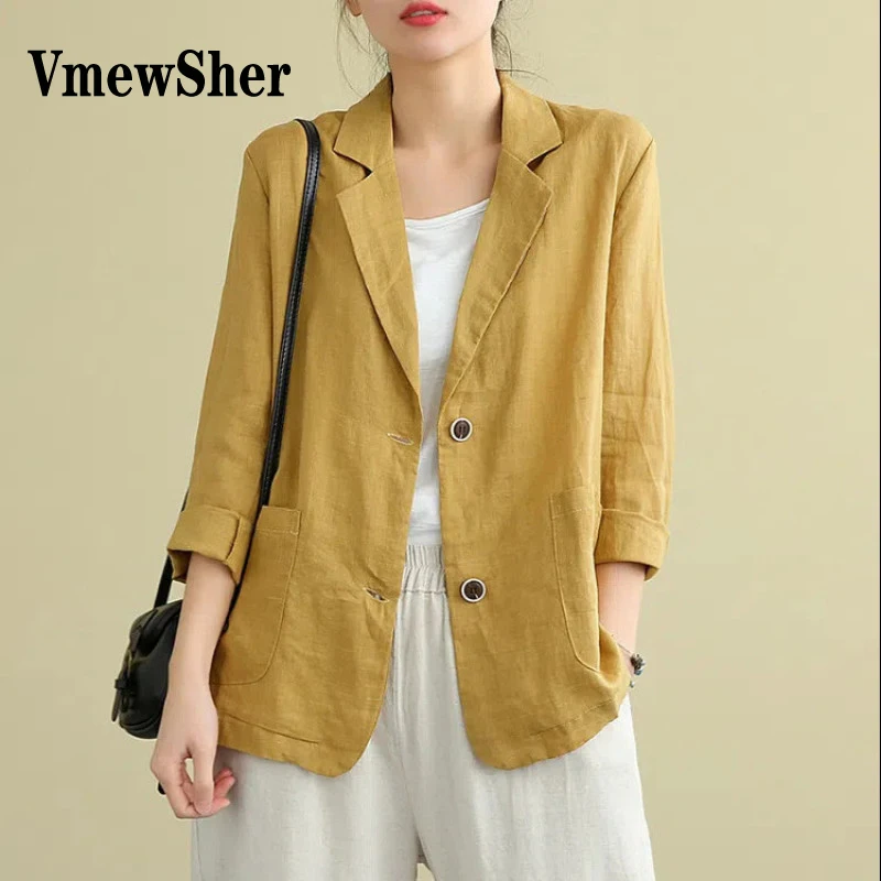 

VmewSher New 6 Color Linen Jacket Long Sleeve Thin Suit Women Spring Autumn Loose 2023 New Buttons Top Casual Plain Pockets Coat