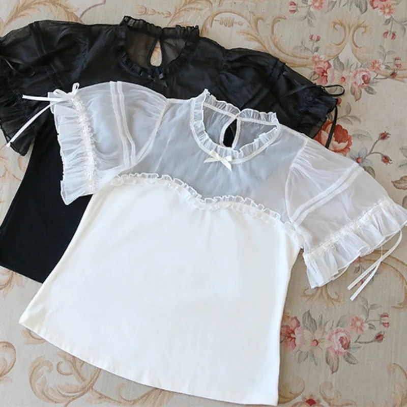 Versatile Elegant Japanese Sweet Lolita Chiffon Women's 2024 Summer Splicing Pullover Round Neck Ruffles Bow Casual Blues Mujer