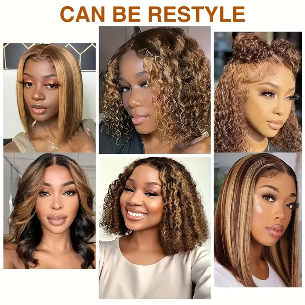 Deep Wave Highlight Ombre Lace Front Wigs Human Hair Bob 5x5 HD Transparent Lace Frontal Wigs P4/27 Deep Curly Wigs For Women