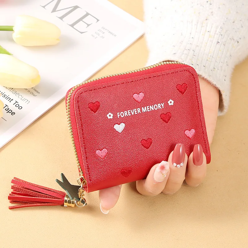 Borsa per carte in pelle PU Mini portafoglio da donna Fermasoldi Love Ricamo Portafoglio multifunzionale Borse portaoggetti per certificati corti da donna - immagine 4