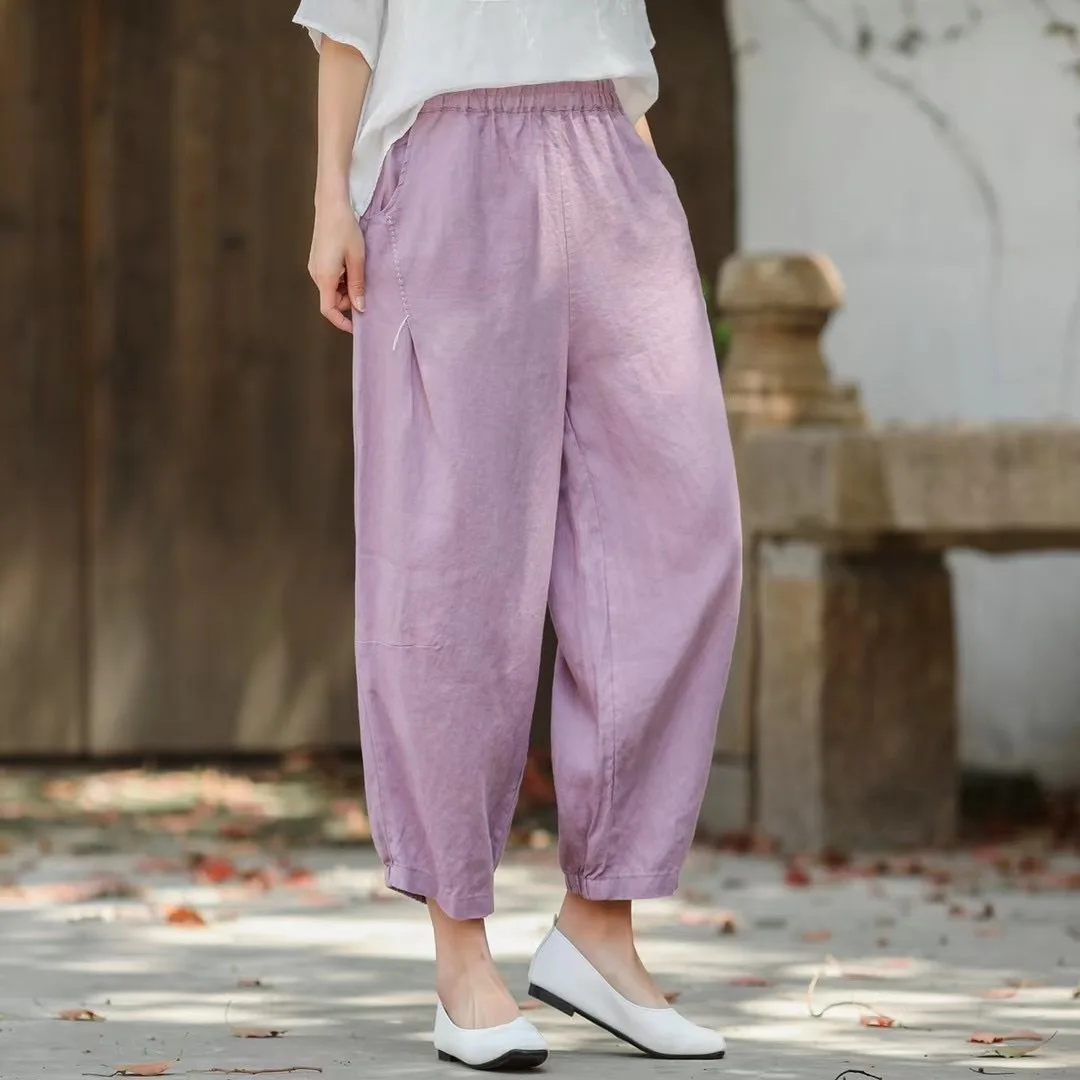 Women Linen Pants Ladies Elastic Waist Flax Pants Female Solid Color Embroidered Linen Trousers Summer Calf Length Pants FT91 denim capris