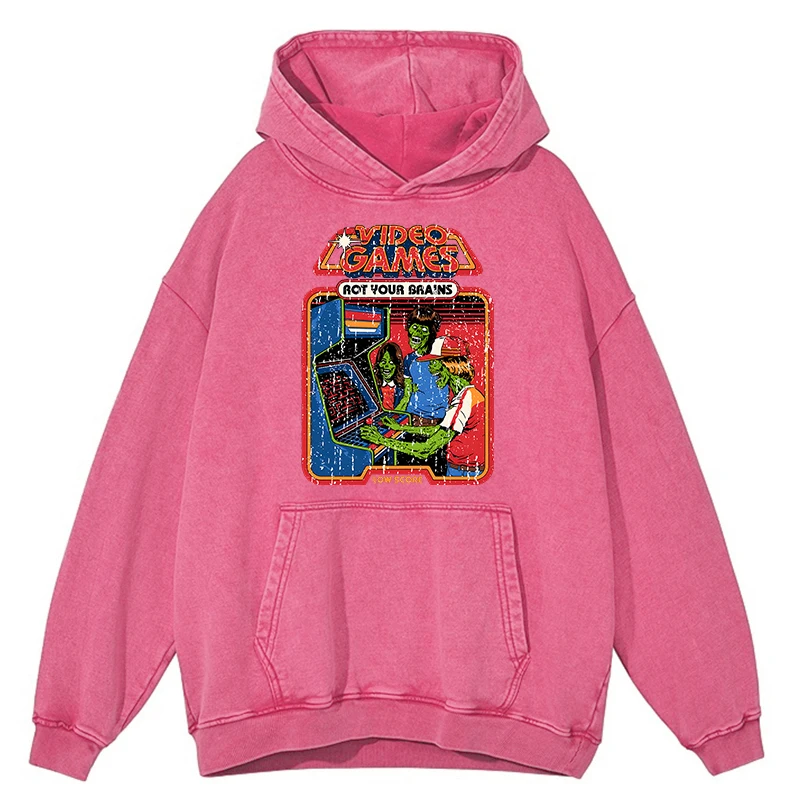thumbnail image 1 of Sudadera con capucha retro desgastada con diseño de videojuegos Rot Your Brains para hombre, de gran tamaño, 100 % algodón, estilo hip hop, 100 % algodón, para otoño, 1 of 4
