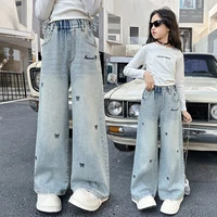 Nouveaux jeans pour filles adolescentes de 4 à 14 ans, printemps-automne, imprimé intégral, broderie nœud, pantalon en denim à jambes larges, mode pour enfants 1