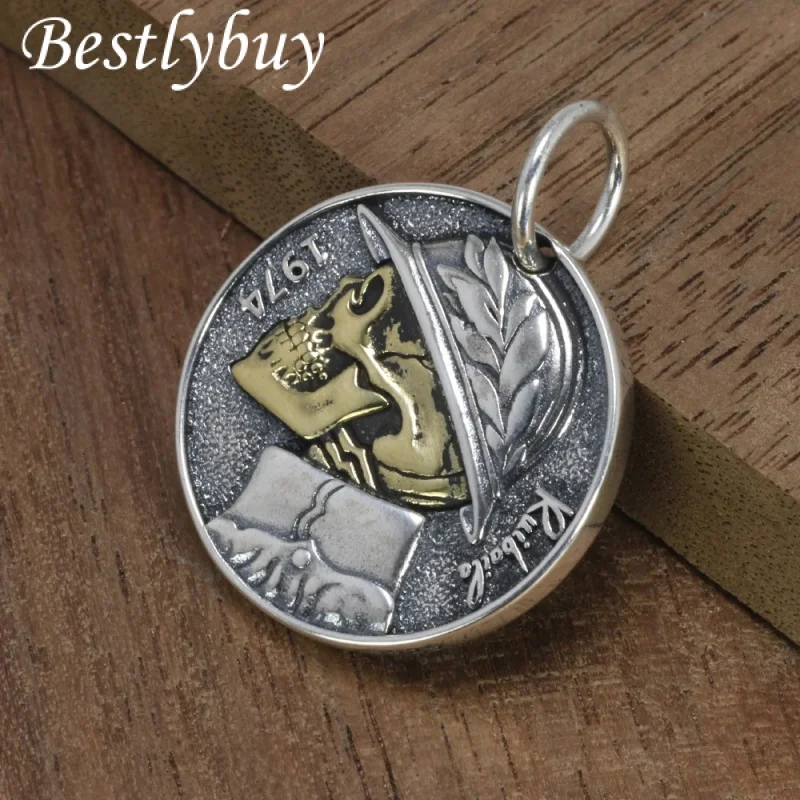 

Real 925 Sterling Silver Double Sided Skull Pendant Men Women Retro Punk Style Coin Round Kitten Necklace