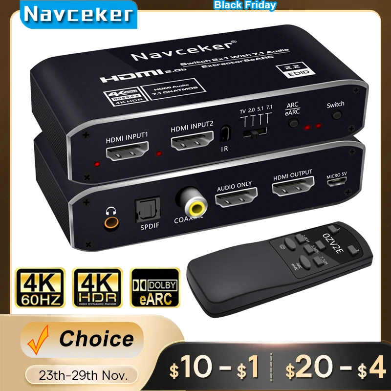 2X1 4K 120Hz Hdmi Switch Earc Audio Extractor Arc Optical Toslink Hdmi 2.0 Switch 4K 60Hz Hdmi Switcher Remote Per Apple Tv Ps4