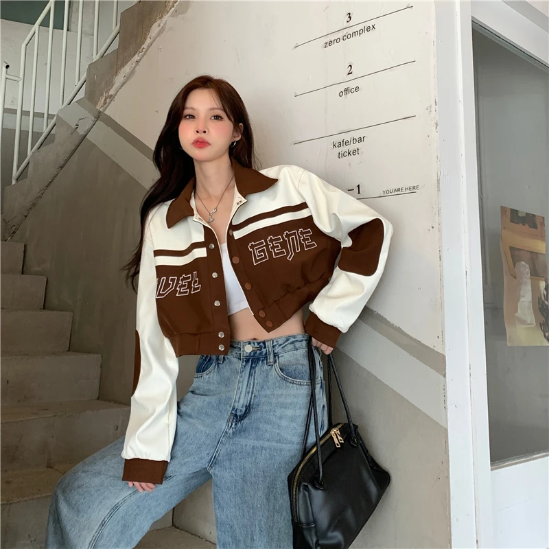 QWEEK Y2K Vintage PU Leather Varsity Jacket Women Korean Style Embroidery Cropped Baseball Uniform Oversized Patchwork Kpop