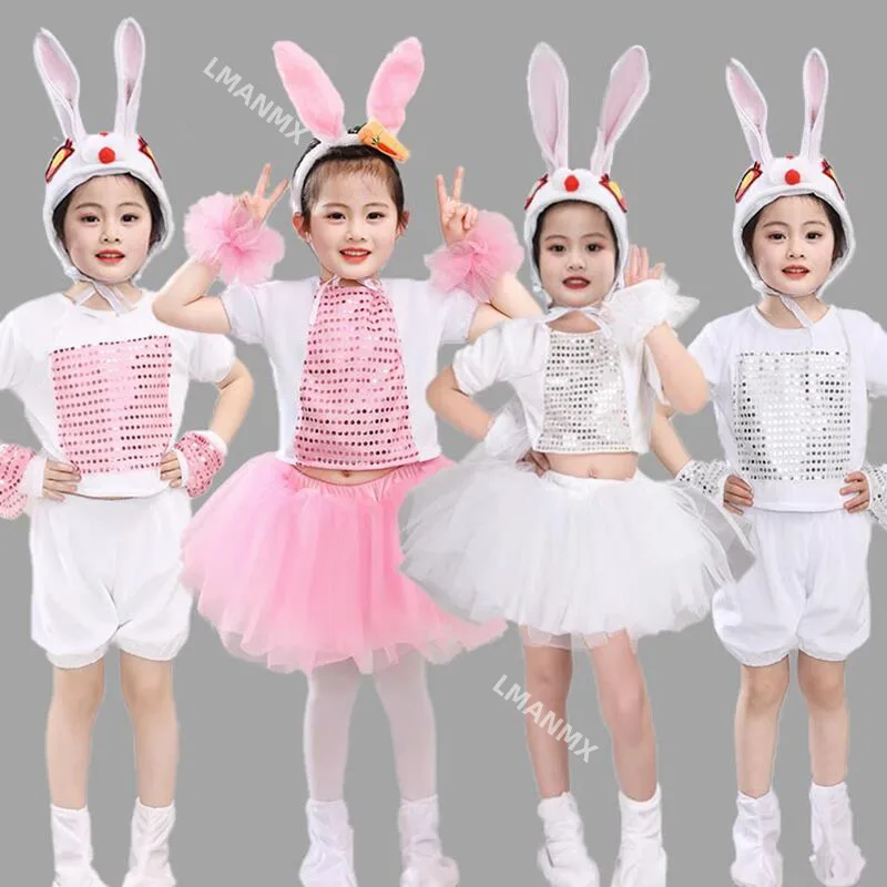 

Girl boy Children Animal Cosplay rabbit bunny Costumes Kids Kindergarten tutu Halloween Christmas Party School Performance cloth