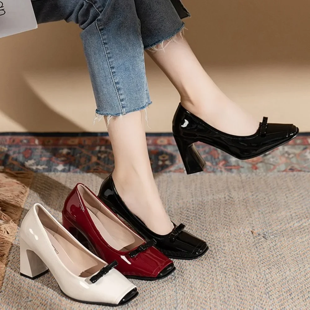 Women Heels Spring  Autumn Season Sweet Retro Colored Bow Tie Single Shoes Women Thick Middle Heel Square Headed Women's Shoes 5
