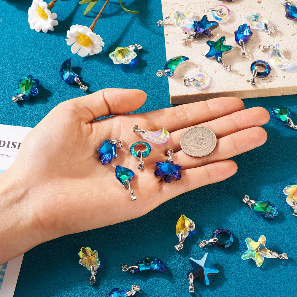 36pcs Mixed Electroplate Glass Pendants Starfish Donut Moon Hand Glass Charms for Earrings Necklace DIY Jewelry Making Findings