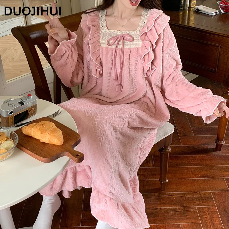 

DUOJIHUI Sweet Solid Color Winter Flannel Soft Women's Nightgown New Chic Bow Thick Warm Fashion 3-colors Loose Female Sleepwear