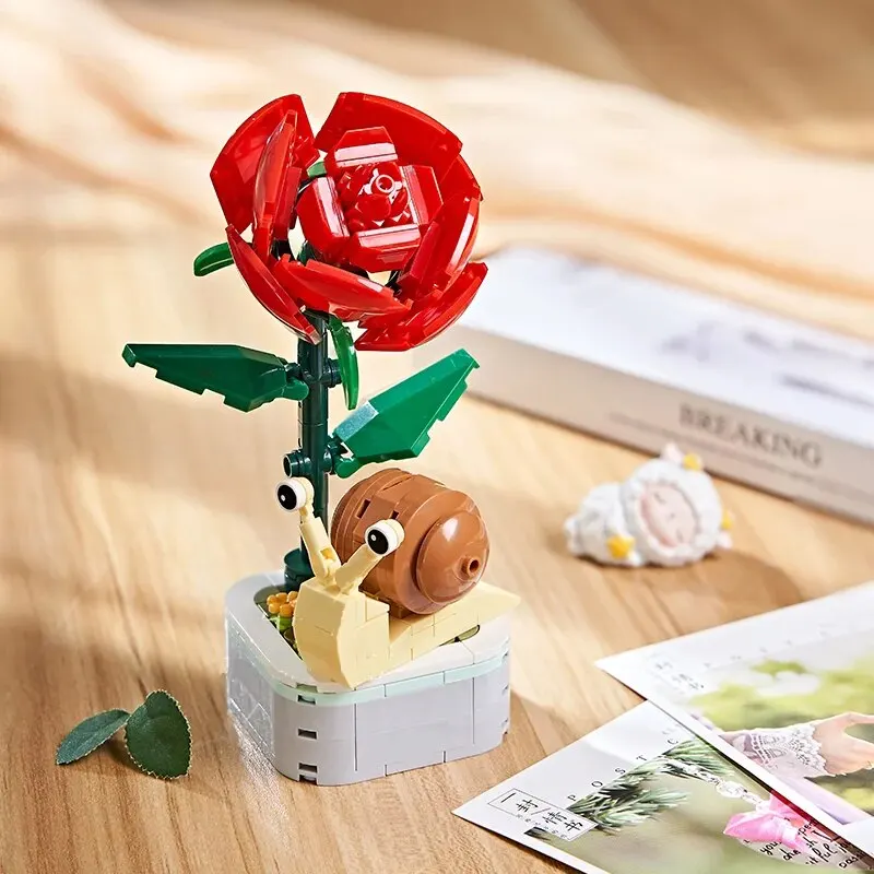 곤충 꽃 화분에 심은 빌딩 블록, 다육 꽃다발 벽돌 모델, 창의적인 장식, DIY 조립 장난감, 여아 어린이 선물