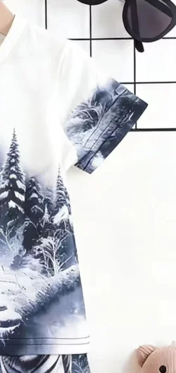 طقم صيفي جديد للأولاد بطباعة النمر بالحبر على كامل القطعة مع أكمام قصيرة وشورت