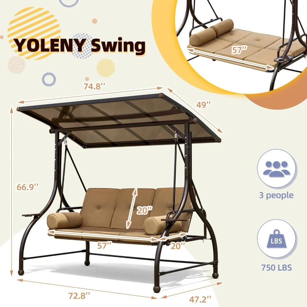 Outdoor Patio Swing with Hardtop, 3 Person Porch Swings with 2 Side Cup Holder, Convertible Backrest Swing Bed with Cushion 3