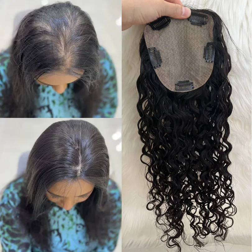 150% Density Curly Human Hair Toppers European Virgin Hair Silk Base Clip in Topper for Women with Thinning Cover Gray