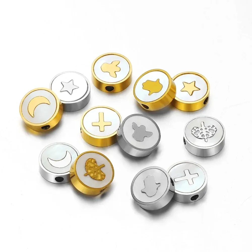 

5pcs Stainless Steel Gold Color 9mm Round Shell Crsoo Moon Charms Beads DIY Jewelry Making Findings Necklace Bracelets Supplies