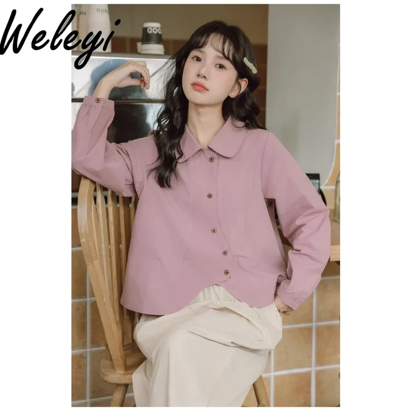 

Cute Loose Irregular Long Sleeve Shirts Dopamine Spring Wear Match New Japanese Style Retro Chic All Match Camisas E Blusas Tops