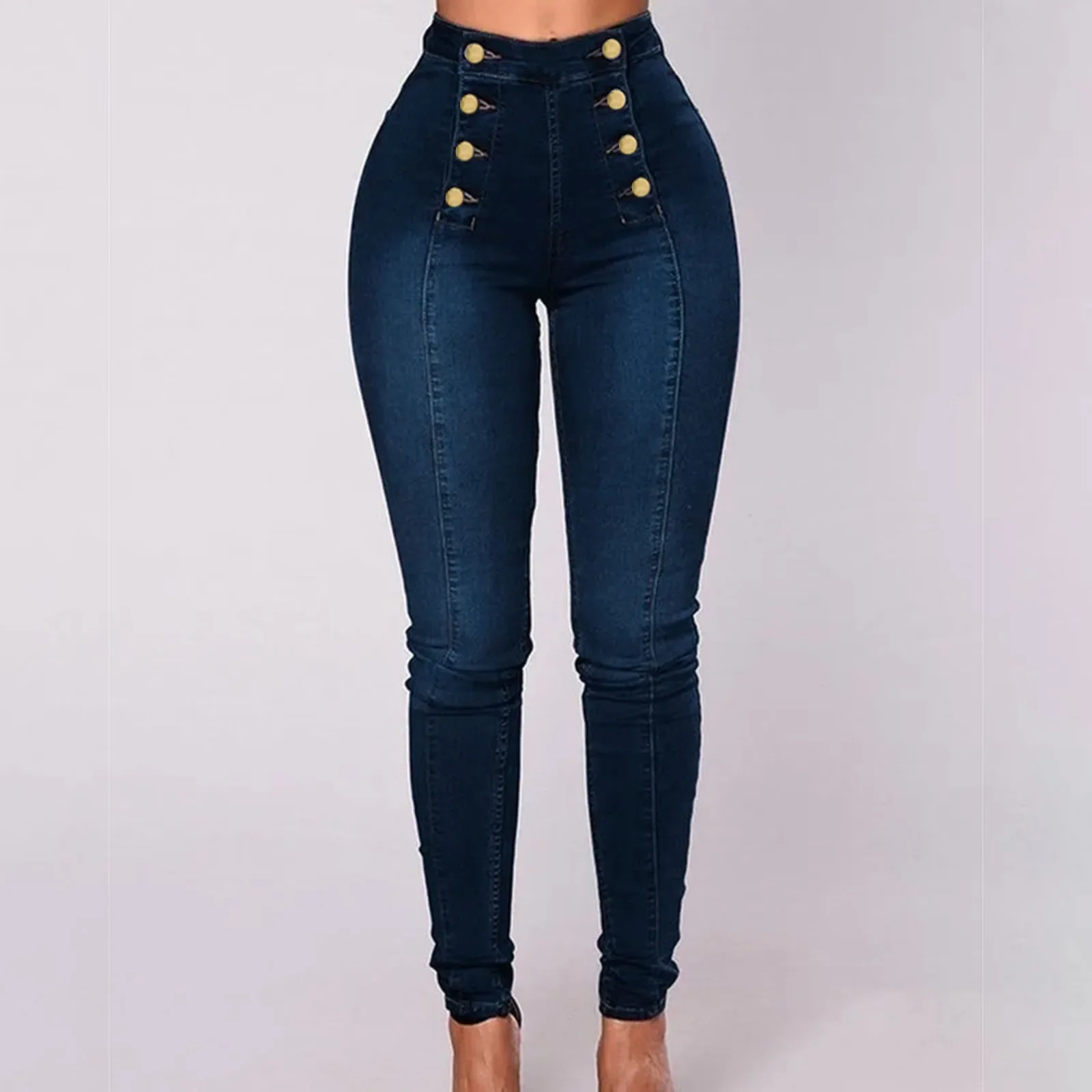 Denim Trousers Elastic High Waist Casual Jeans Trendy Double Breasted Multi Button Slim Skinny Jeans Ankle-Length Denim Pants thin rayon wide leg jean baggy women straight denim pant ankle length trousers elastic high waist capris korean fashion vaqueros