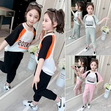 

Summer Casual Children Clothing Set For Girls Letter Print Paneled Half Sleeves Tops+Trousers Kids Two Piece Set 3-14 Years