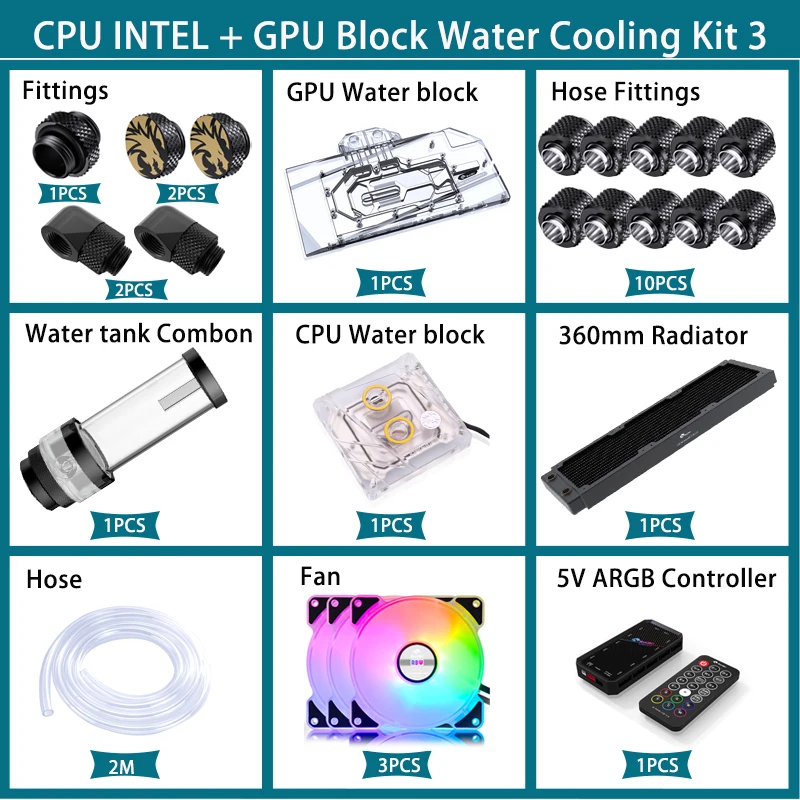 BYKSKI Hose Tube Water Cooling Kit GPU CPU Block Pump Combo 120mm