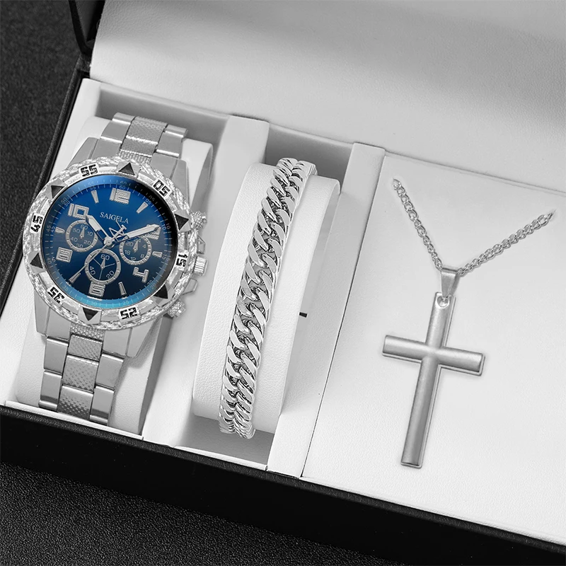 3PCS/Set Men Business Watches Fashion Stainless Steel Band