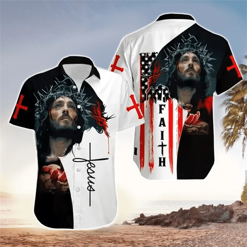 

God Religion Christ Men's Shirts Jesus 3D Printed Harajuku Casual Short Sleeve Hawaiian Shirt Oversived Top Female Camisas Tops