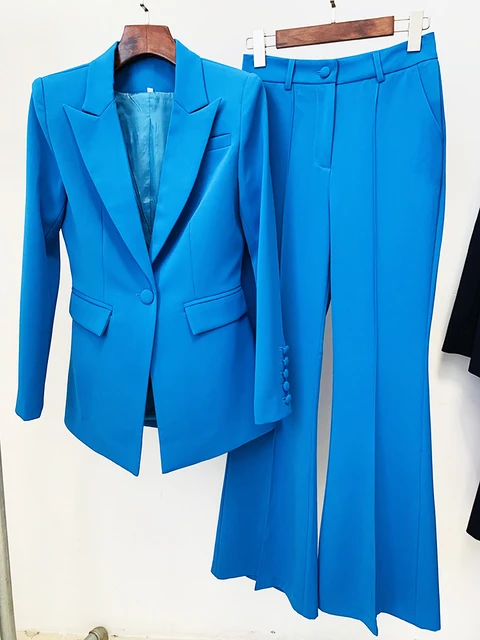 TOP QUALITY Newest 2026 Designer Runway Suit Set Women's Single Button Slim Fit Blazer Flare Pants Suit two-pieces