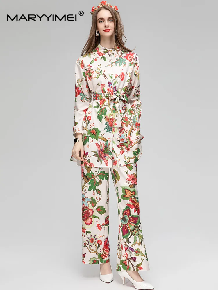 

MARYYIMEI Autumn Winter Women's Suit Standing collar Long sleeved tops+Wide Leg Pants Floral-Print Two-piece set