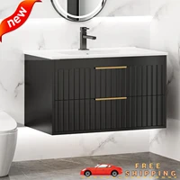 30" Bathroom Vanity Cabinet with Sink Combo, Wall Mounted Floating Bathroom Vanity w/ 2 Big Drawer and Gold Metal Handles, Black 1